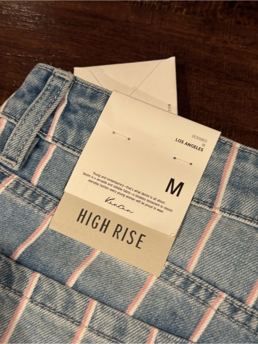 NWT KanCan High Waisted Denim Shorts Light Blue Wash Pink / White Pinstripes - Picture 5 of 5